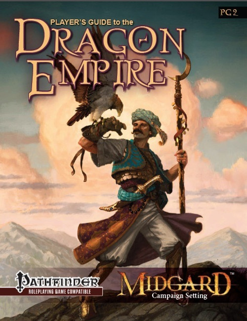Cover of the Player's Guide to the Dragon Empire PDF, featuring a man with a bird on hand and staff, set against a mountainous landscape, in Pathfinder Roleplaying Game Compatible, Midgard Campaign Setting.