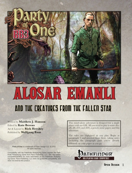 Alosar Emanli, a single druid, battles alien invaders in this Pathfinder PDF adventure, 'Party of One: Alosar Emanli and the Creatures from the Fallen Star,' from Open Design, designed for solo play with basic rules in a fantasy forest setting.