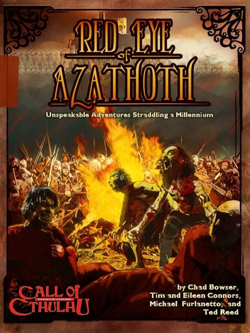Red Eye of Azathoth PDF Call of Cthulhu game cover, featuring a medieval battle scene with warriors, monsters, flames, and a dark ominous sky, highlighting Call of Cthulhu, Lovecraftian horror, and Cthulhu mythos.