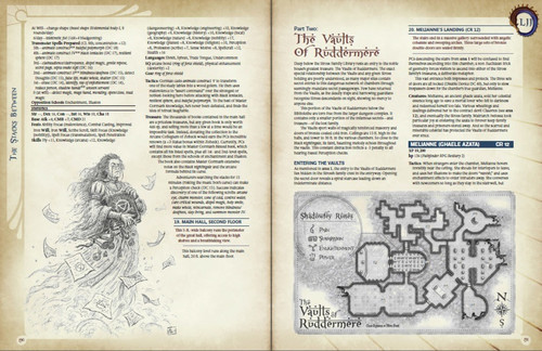 Midgard Tales Pathfinder RPG PDF by Kobold Press, a comprehensive 192-page hardcover anthology featuring 13 classic-themed adventures in a vintage-style book design with an illustrated map of The Vaults of Riddlesmore.