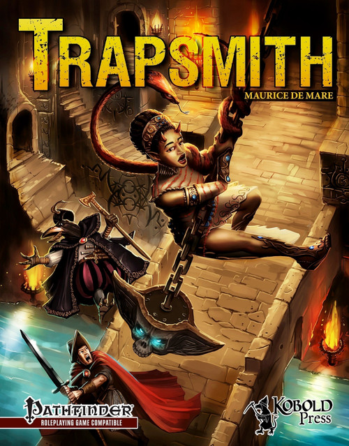 Pathfinder RPG PDF, Trapsmith sourcebook cover, featuring a fantasy scene with a woman on a chain, a warrior, and a demon, with Kobold Press and Pathfinder logos, 120 traps inside including game stats, a roleplaying game accessory.