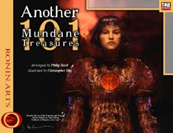 Another 101 Mundane Treasures d20 PDF cover featuring a woman in ornate gold armor against a black background, designed by Phil Masters, created by Christopher Mowry, fantasy RPG accessories, d20 system book illustrations.
