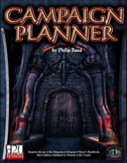 Product image of Campaign Planner d20, a 35-page PDF by Philip Reed, featuring dark backgrounds, orange-yellow text, with red accents, suitable for tabletop RPG DMs, measures 8.5 x 11 inches in print-friendly format.