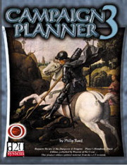 Philip Reed's Campaign Planner 3 for D20 System, a  PDF guide featuring medieval battle scene with blue, gray, and black text, red and white logo, and content for spell, core classes, and session tracking.