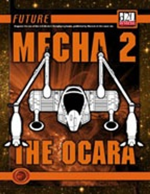 d20 Modern mecha PDF cover featuring a white Future: Mecha 2, The Ocara, with stars against dark orange background, showcasing a new mecha design by Philip Reed and Bradley K. McDevitt's illustration.