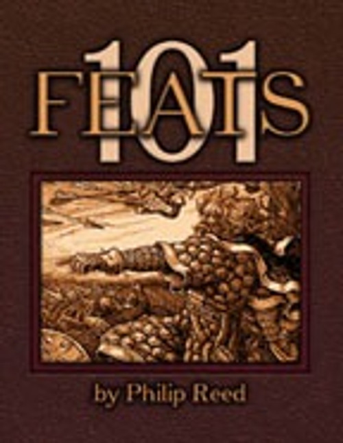 101 Feats (d20) PDF cover, featuring a medieval warrior illustration in gold on dark brown, with title and author name in gold, a collection of 100+ feats by Philip Reed.