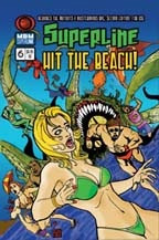 M&M Superlink: Superline #6—Hit the Beach! OGL PDF comic book cover, featuring a blonde woman in a green bikini, with a shark-like creature and colorful sea creatures in the background, published by Ronin Arts.
