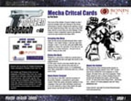 Modern Dispatch #60: Mecha Critical Cards PDF, a 4-page PDF featuring printable critical hit effect cards for mecha games, with robot illustrations and game text, an SRD optional rules expansion for d20 Future.