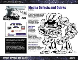 Modern Dispatch #64 Mecha Defects and Quirks (d20 Future) PDF, a digital book featuring robotic illustrations and outlining mecha defect rules for SRD, enhancing personalized designs with unique flaws and benefits in tabletop gameplay.