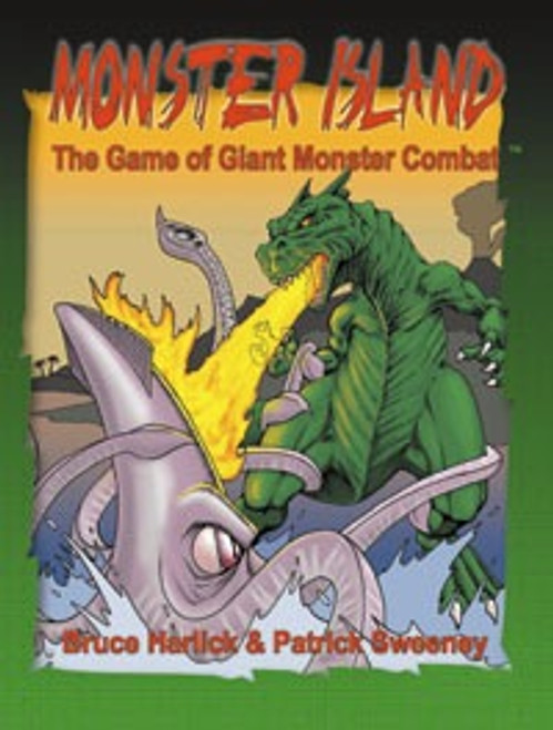 Monster Island PDF tabletop game featuring a tropical island setting, giant monster combat, and kaiju-inspired artwork by Bryce Nakagawa, in a bold orange cover design with green and gray theme.