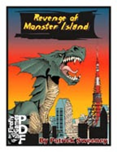 Monster Island: Revenge of Monster Island PDF, tabletop fighting game sequel by Firefly Games featuring Tokyo cityscape with giant monster, vibrant sunset, Tokyo tower, and city skyline, 20-page battle guide with new monster powers and city layout details.