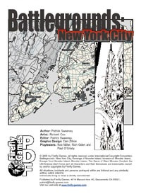 Monster Island Battlegrounds: New York City PDF - a 10-page tabletop game map by Firefly Games, featuring Richard Cox's art and NYC landmarks, boroughs, and kaiju battlefields, with 1930s expansion rules.