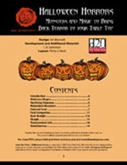 Halloween Horrors d20 PDF book cover featuring a spooky jack-o-lantern on an orange background, with a black and red header layout and eerie font, containing horror game content for tabletop games.