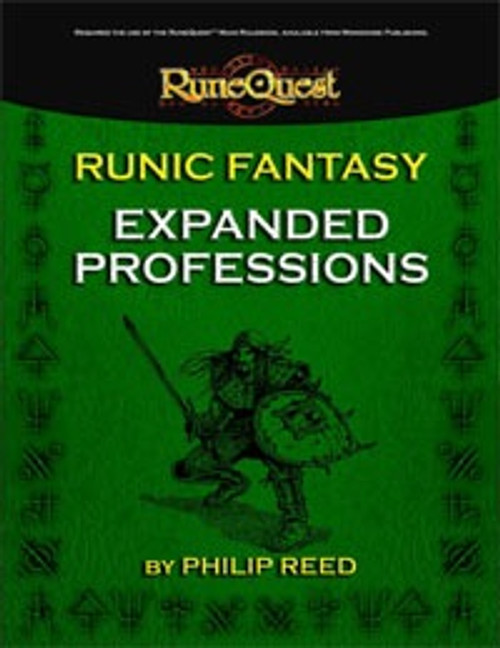 Runic Fantasy: Expanded Professions PDF cover, a 32-page digital guide with a green background and black border, featuring a warrior, from the RuneQuest series by Ronin Arts and written by Philip Reed.