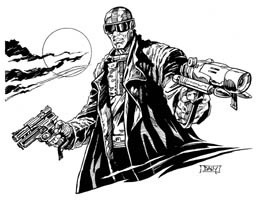 Classic Supers Stock Art Collection 2 (Download), a black and white illustration by Paul Daly, features a character with a helmet, coat, and dual guns against a sunset background, 7 stock art pieces in this collection.