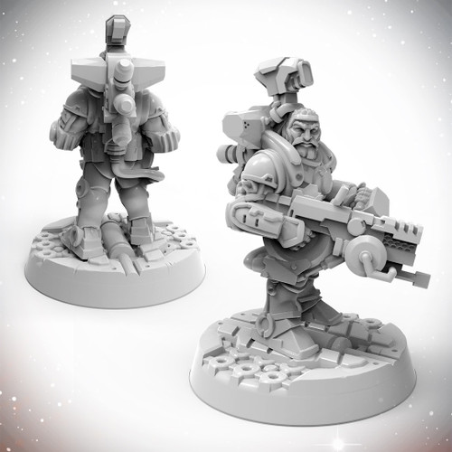 Dwarf Soldier miniature from Starfinder's Masterclass series, featuring high-quality 32mm scaled plastic construction on scenic bases, with detailed armor and accessories, designed by Starfinder for model collectors and enthusiasts. Scale model.