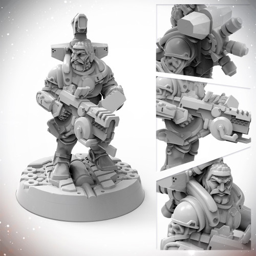 Dwarf Soldier miniature from Starfinder Masterclass, 32mm scale, high-quality plastic, featuring a scenic base, and detailed gray armor, showcasing a soldier's realistic weaponry, from the Starfinder brand, perfect for gamers and collectors.