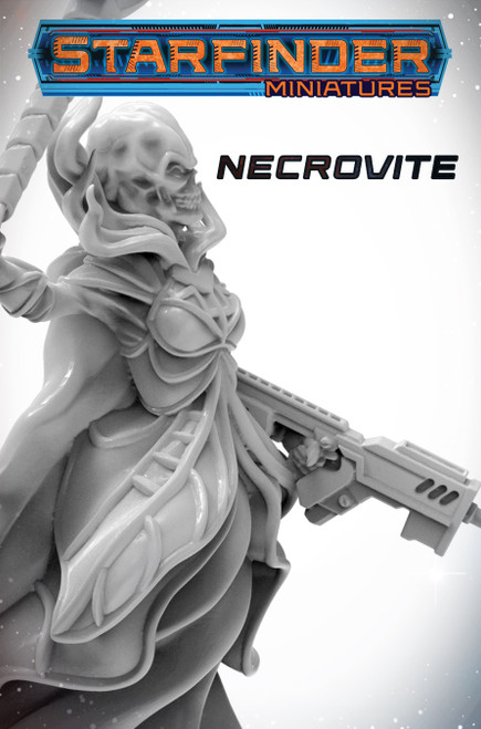 Starfinder Masterclass Miniatures: Necrovite, a 32mm high-quality plastic figure from the Starfinder series, featuring a skeletal character with a scenic base. Includes a detailed miniature with gun and cape, perfect for fantasy gaming.