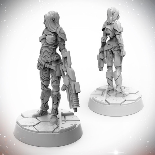 52 Brand Starfinder Masterclass Miniatures Elf Operative, 32mm scaled, high-quality plastic figurine on scenic base, featuring detailed Elf Operative model with gun and armor, showcasing multiple angles.