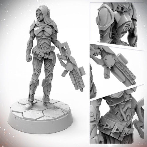 Starfinder Masterclass Miniature: Elf Operative, 32mm scaled, high-quality plastic, on scenic base, featuring intricate details, Starfinder brand.