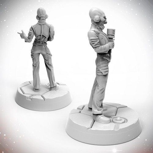 52 Starfinder Masterclass Miniatures Zo!, 32mm  high-quality plastic figurine on scenic base, standing on a broken base plate, featuring an astronaut in gray, high-quality, 32mm, plastic, 52 brand, fantasy miniatures character with headset.