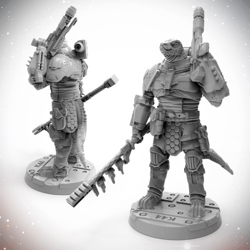 Starfinder Masterclass Miniatures: Obozaya Vesk Soldier, 32mm scale high-quality plastic miniature featuring detailed armor, gray finish, with scenic base, from Starfinder, tabletop gaming accessory, collectible miniatures, sci-fi fantasy genre.