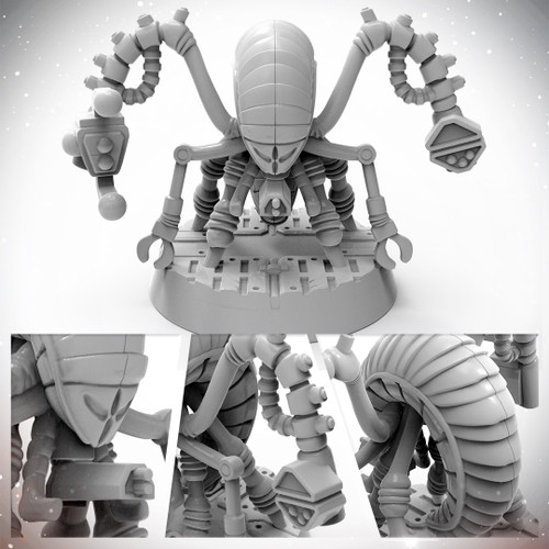 Starfinder Masterclass Miniature: Anacite Laborer, 32mm plastic figurine, high-quality design, scenic base included, detailed gray sci-fi model with intricate mechanical elements, showcased from multiple angles.
