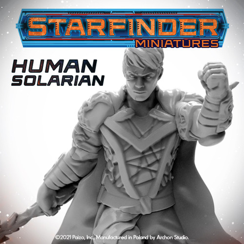 32mm Starfinder Masterclass Miniature, Human Solarian, made from high-quality plastic, featuring detailed armor and cape, with scenic base included, from the Starfinder brand, 32mm scale, plastic figure, miniature model, science fiction, tabletop gaming.