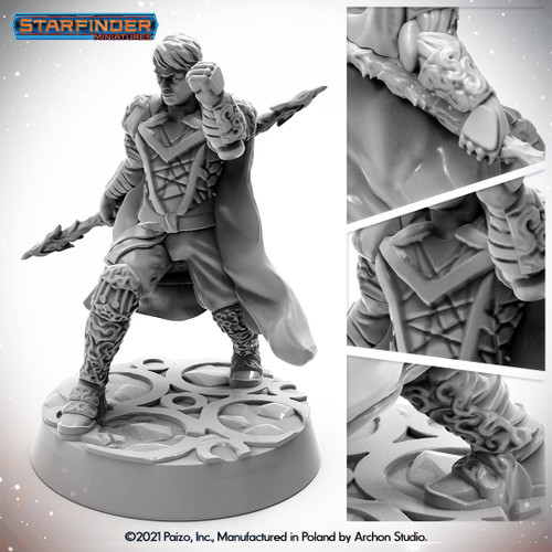 Starfinder Masterclass Miniatures Human Solarian 32mm scaled collectible figure made from high quality plastic with scenic base, showcasing intricate design and detail. Product of Starfinder brand.