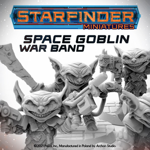 32mm Starfinder miniatures: Space Goblin War Band, high-quality plastic, featuring detailed goblin figures with scenic base and assorted colors, made by Starfinder, showcasing 32mm scale miniature gaming models with intricate designs.