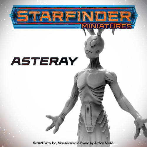 Starfinder Asteray Miniature, Starfinder brand, 32mm scale, high-quality plastic, scenic base, detailed design with grey color, ideal for science fantasy games.