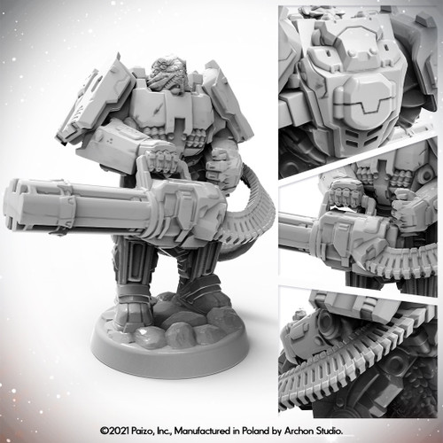 Starfinder Masterclass 32mm plastic miniature of Vesk Mercenary, featuring detailed armor on a scenic base, in gray, made by Paizo, Inc. and Archon Studio. High-quality plastic model with accessories.