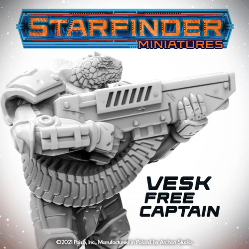 Starfinder Masterclass Miniatures Vesk Free Captain, 32mm high quality plastic figurine, featuring scenic base, crafted by Starfinder brand, showcasing detailed armor and gun in a gray finish on a high-quality miniatures scale.