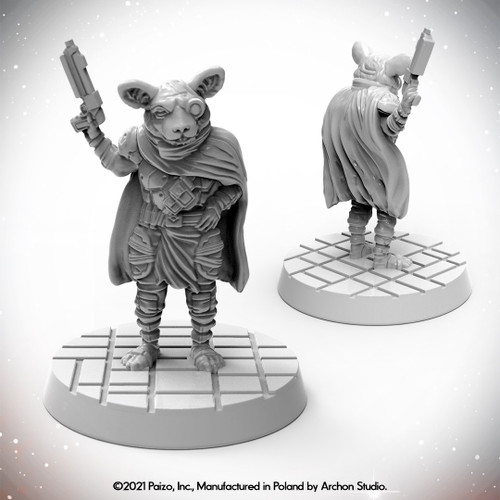 Starfinder Masterclass Miniature, 32mm scale, high-quality plastic figure, Starfinder brand, featuring Ysoki Gang Leader model with rodent character, gun, and cape, on scenic base.