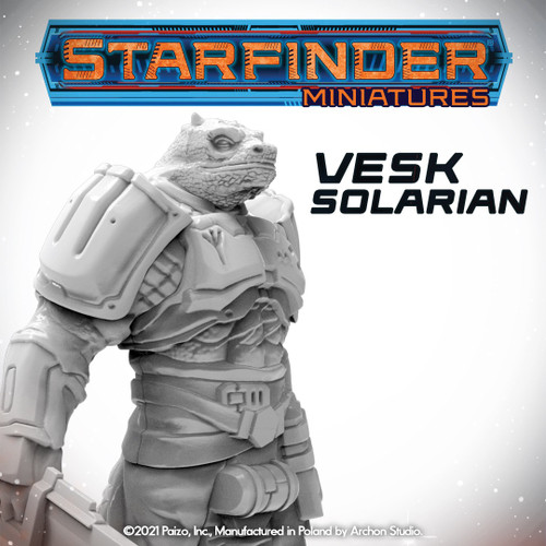 Starfinder Masterclass Miniatures: Vesk Solarian, 32mm scaled, high-quality plastic Starfinder miniature, featuring scenic base, in gray color, with detailed armor and reptilian head, from Starfinder Miniatures brand, ideal for tabletop gaming.