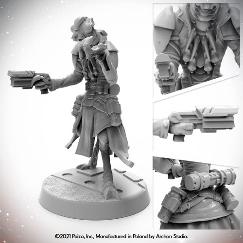 Starfinder Masterclass Miniature: Shirren Operative, 32mm scale, high-quality plastic figurine with scenic base, featuring guns and armor, manufactured by Starfinder, a premium plastic model made with attention to detail.