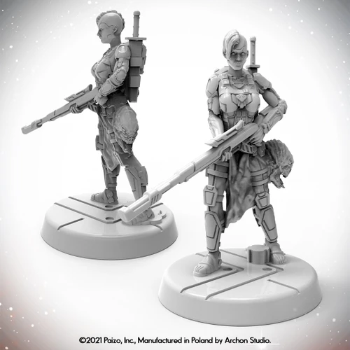 Starfinder Masterclass Miniatures Android Xenoseeker, 32mm scale high-quality plastic figure with scenic base, featuring detailed character design and accessories, from Starfinder, with a gray finish, showcasing intricate armor and sci-fi elements.