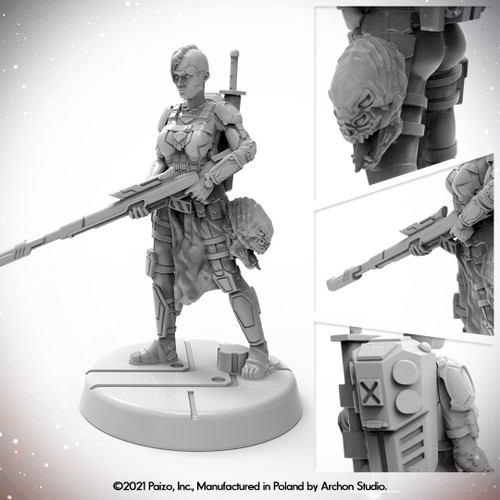 52 Starfinder Masterclass Miniatures: Android Xenoseeker, a 32mm scaled, high-quality plastic figure with scenic base, manufactured by 52, featuring detailed armor and rifle, with a plastic finish.