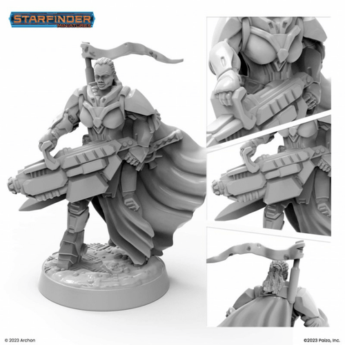 32mm Starfinder Seelah Iconic Paladin miniature, unpainted and unassembled, featuring paladin armor and sword, set on a scenic base, from the popular Starfinder Masterclass Miniatures series, showcasing a high-quality plastic representation of Seelah.