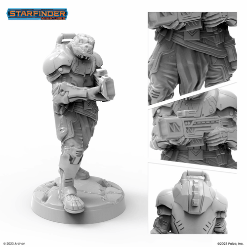 Starfinder Masterclass Vesk Bodyguard miniature, 32mm scale, heavy armor, short horns, and thick reptilian scales on scenic base, made from high-quality plastic by Brand 52, unpainted and unassembled.