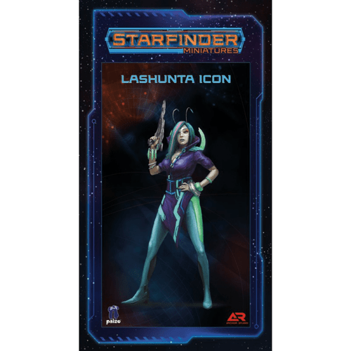 32mm Starfinder Lashunta Icon miniature from brand 52, crafted from high-quality plastic, featuring a Lashunta Icon in purple and teal attire holding a gun on a scenic base in a futuristic galaxy setting.