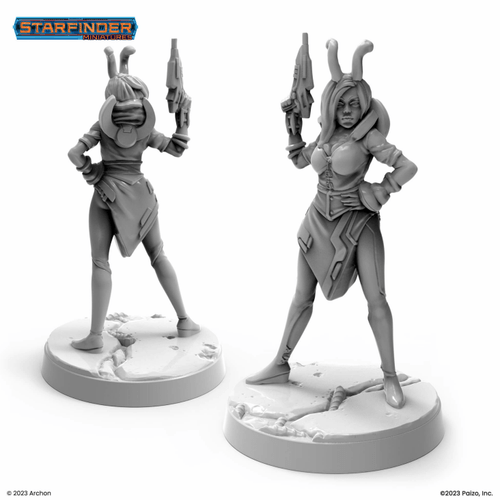 Starfinder Masterclass Miniatures: Lashunta Icon by 52 brand, 32mm scaled, high-quality plastic, unpainted, unassembled, scenic base included, featuring two dynamic figurines with guns on a white background.