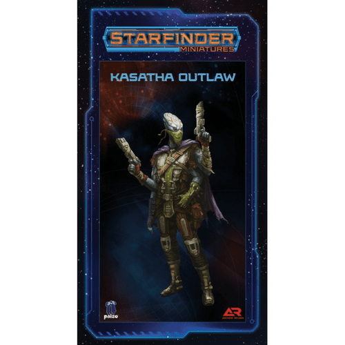 Starfinder Kasatha Outlaw miniature, 32mm scale, green-skinned humanoid alien with gold and brown armor, dual guns, and scenic base, from high-quality plastic, Starfinder masterclass miniatures collection.