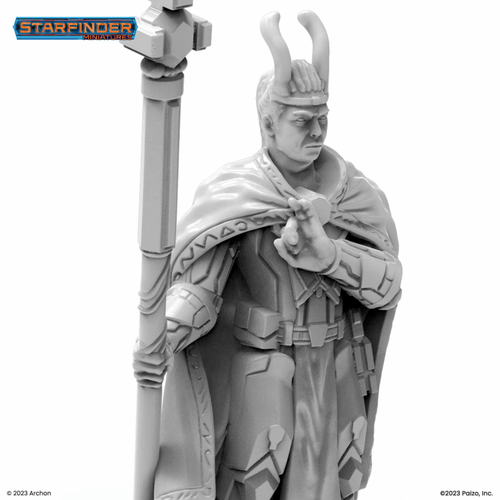 Starfinder Masterclass Miniatures Lashunta Priest, 32mm scaled, high-quality plastic figure featuring a priest with staff and cape on a scenic base, unpainted and unassembled, from the Starfinder science fiction miniatures series.