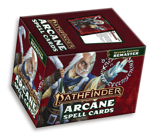 Pathfinder Arcane Spell Deck (Remastered) product packaging image, depicting a red box illustrated with a male human wizard casting a spell, a circle of glowing blue runes appearing around his wrists as he gestures. The top of the box depicts a sample spell card, with a wizard illustration on one side and game rules for a spell on the other.