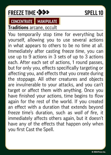 Pathfinder Arcane Spell Deck (Remastered) sample card face, presenting details for the freeze time spell.