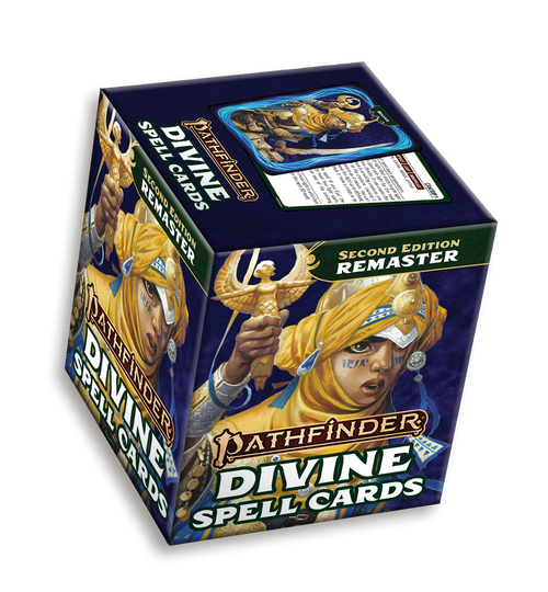 Pathfinder Divine Spell Deck (Remastered) product packaging image, depicting a blue box illustrated with a female human cleric casting brandishing a holy symbol. The top of the box depicts a sample spell card, with a cleric illustration on one side and game rules for a spell on the other.
