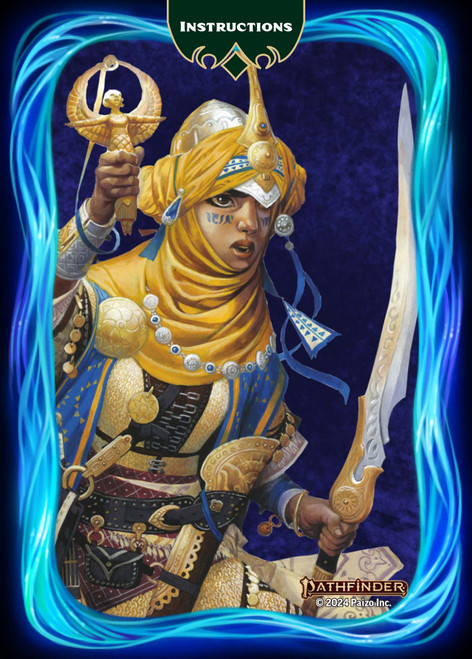 Pathfinder Arcane Spell Deck (Remastered) sample card back, featuring a cleric on a blue background.