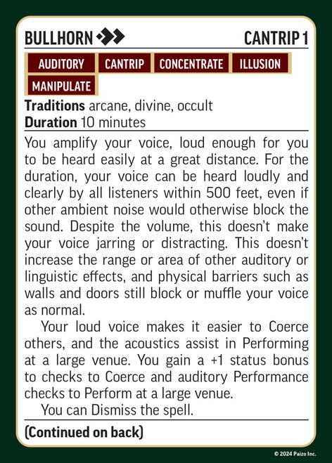 Pathfinder Divine Spell Deck (Remastered) sample card face, presenting details for the bullhorn spell.