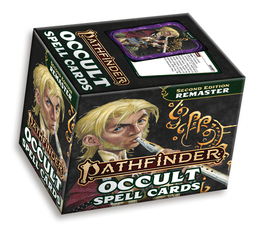 Pathfinder Occult Spell Deck (Remastered) product packaging image, depicting a black box illustrated with a male halfling bard playing a recorder. The top of the box depicts a sample spell card, with a bard illustration on one side and game rules for a spell on the other.
